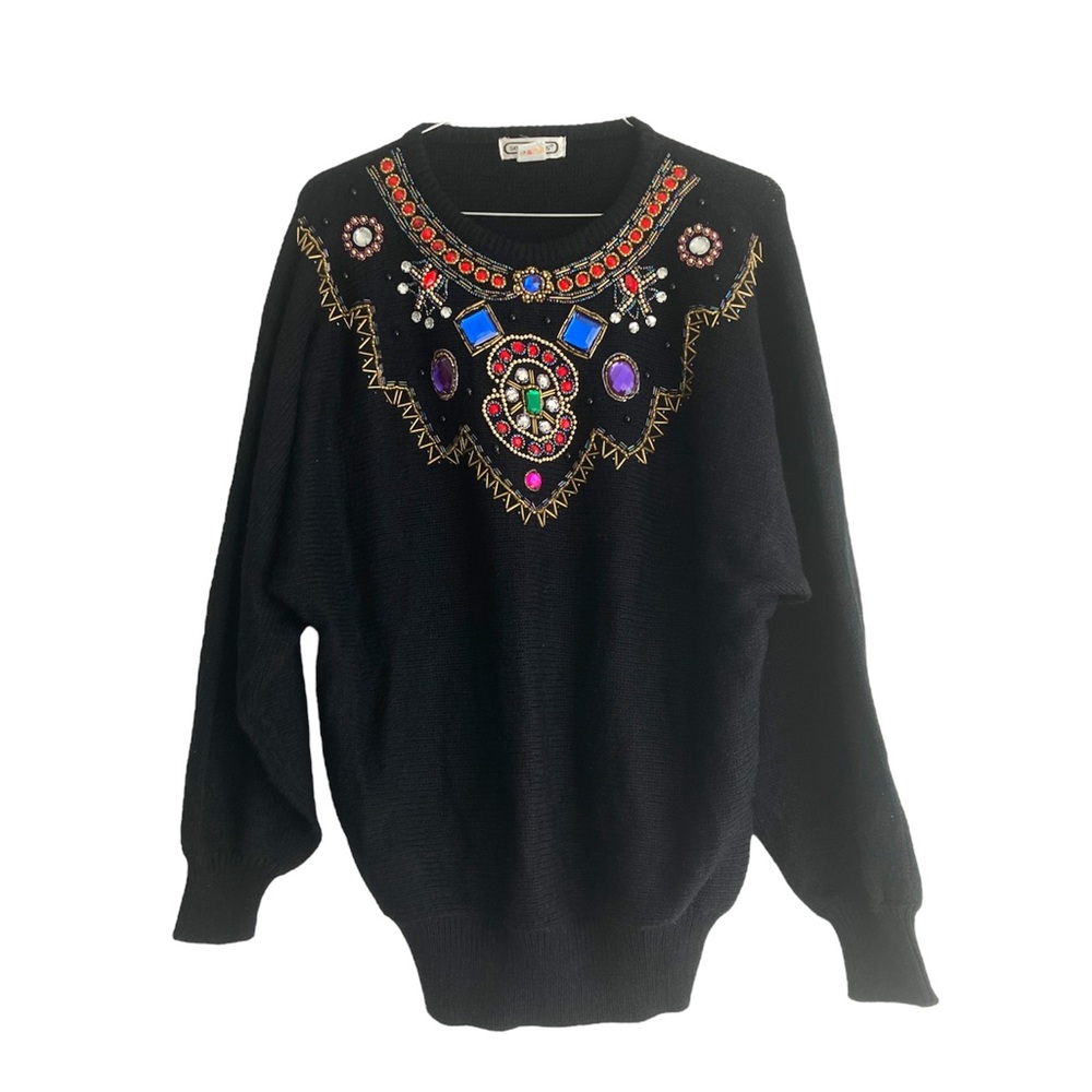2for$38 Sentiment 80’s rhinestone beaded black holiday sweater sizeM